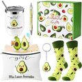 6 Pcs Funny Gift Baskets for Women Girls Pickle Avocado Socks with Vegetable Animals Makeup Bag Insulated Tumbler Keychain Greeting Card Pen for Christmas Birthday Party(Avocados)