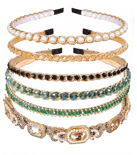 YARN & INK 6 Pcs Women's Champagne Gold Rhinestone Headbands - Mix Hairbands
