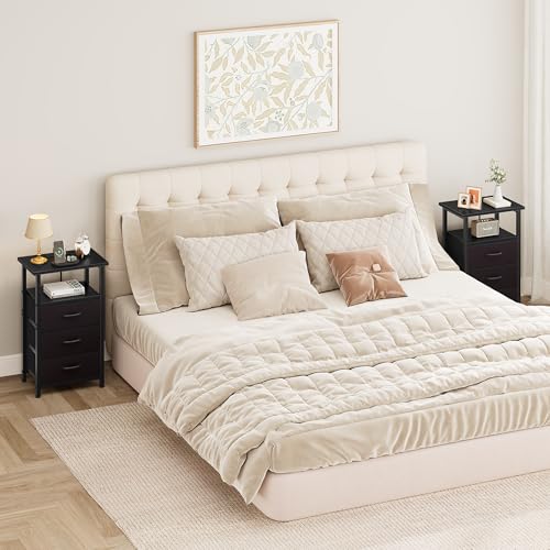 Nightstand Set of 2 with Charging Station - Bedside Table with USB Ports, Outlet & 3 Fabric Drawers (Black) (2 Pieces)