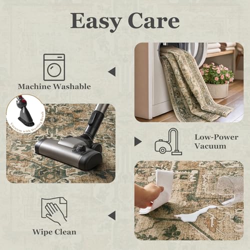 6x9 Foot Brown & Olive Green Vintage Medallion Area Rug - Non-Slip Washable Low Pile for Living Room & Bedroom - Modern Distressed Carpet