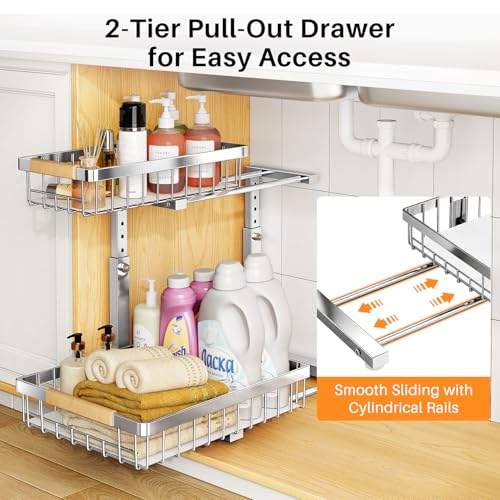 Under Sink Organizer 2-Tier Pull-Out Storage Shelf - Silver, Adjustable Height