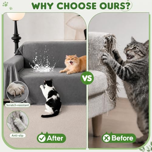 Waterproof Cat Scratch Couch Cover - Large Gray 150x91 Inches with Non-Slip Design