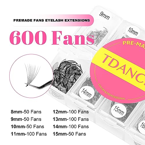TDANCE 600 Fans Premade Fans Eyelash Extensions Natural & Volume Mixed Length Premade Lash Fans 5D-24D Handmade Promades Eyelash Fans C/D Curl Loose Fans(600-14D-0.03-C-8-15mm)