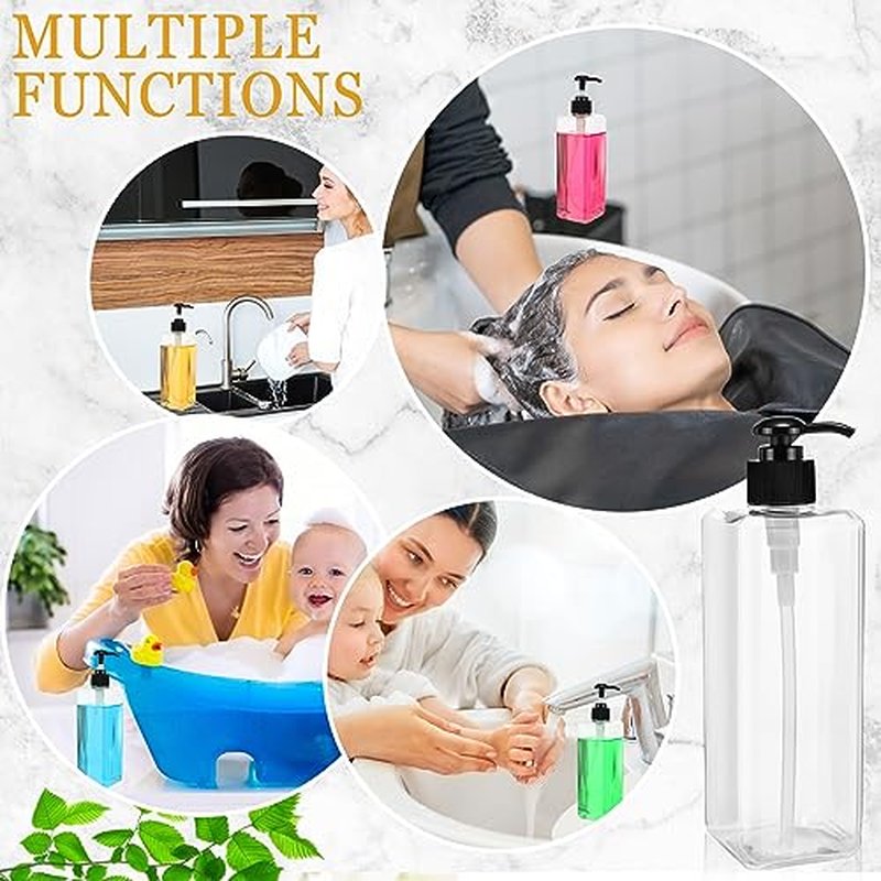 20 Pack 16oz/ 500ml Plastic Empty Bottles Refillable Shampoo Containers with Pump Lightweight Square Soap Dispenser Bottles for Essential Lotions, Shampoos, Conditioner, Massage Oil (Clear, Black)