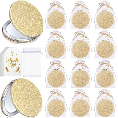 Champagne 12-Piece Compact Magnifying Mirror Gift Set with Thank You Card & Rope - Bridal Shower Wedding Favor
