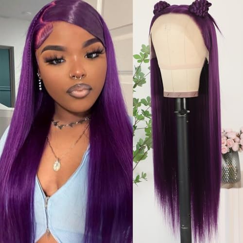 Lezaxiu Dark Purple Lace Front Wigs Long Straight Glueless Synthetic Heat-Resistant for Black Women - Pre Plucked, Ready to Wear, Natural Hairline, Variation #ADark Purple