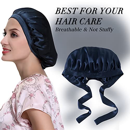 Silk Bonnet for Sleeping 100% Mulberry Silk Sleep Cap for Women Hair Care Night Cap with Adjustable Ribbons(Medim, Navy Blue)