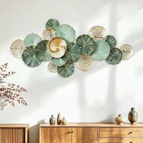 Large Green Metal Wall Art Decor - 3D Lotus Leaves Handcrafted Indoor/Outdoor