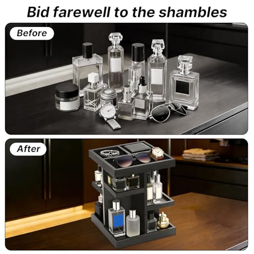 Wooden Cologne Organizer for Men,3 Tier Large Capacity Perfume Shelf with Rotate,Cologne Stand for Desk & Nightstand Organizer,Cologne Shelf Organizer for Mens Gift(Black)