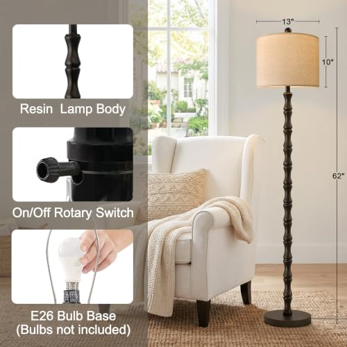 FOFOMOMO 62" Dark Brown Farmhouse Floor Lamp with Linen Shade & Rotary Switch