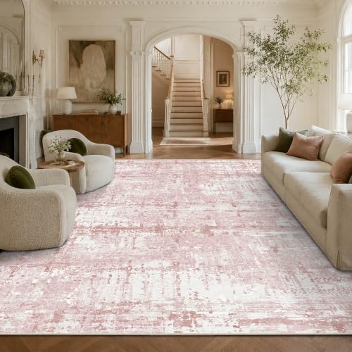 Pink 8x10 Modern Abstract Washable Area Rug - 0.31" Low-Pile, Non-Slip Backing, for Living Room