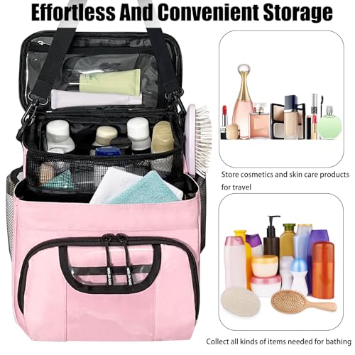 Large Toiletry Bag for Women Men, Bathroom Bag, Water Resistant Portable Shower Caddy for College Dorm, Hanging Toiletry Bags for Traveling, Gym Camping Cruise Ship Travel Essentials Shower Bag (Pink)