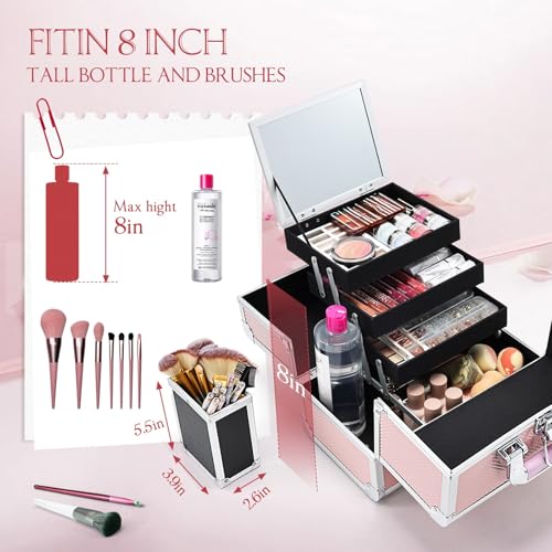 Pink Mermaid Makeup Organizer Case with Mirror & Brush Holder - 11.6"