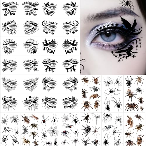 110+ PCS Halloween Face Tattoos, Spider Tattoo Temporary, Halloween Witch Makeup for Women, Halloween Costume Accessories for Adult Kids