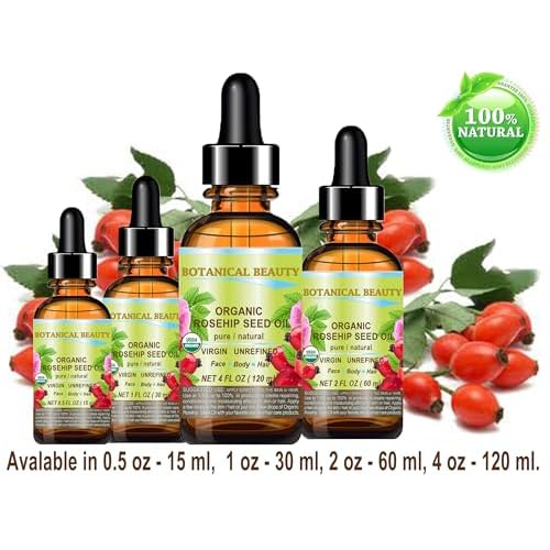 Botanical Beauty Organic ROSEHIP SEED OIL 100% Pure Natural Virgin Unrefined Cold-pressed Carrier Oil For Face, Skin, Body, Hair, Lip, Nails, Rich in vitamin C, Vitamin E, Anti-Aging (0.5 Fl Oz)
