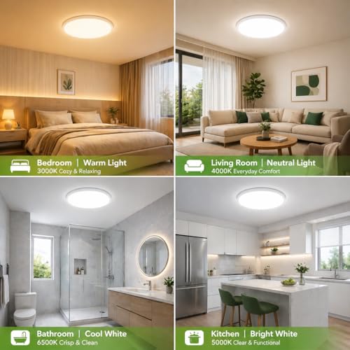 White 12-Inch LED Ceiling Light Fixture 24W 3200 Lumens 5 CCT Adjustable - 6 Pack