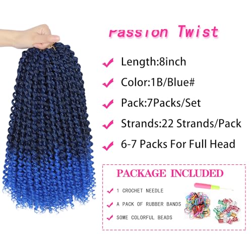 8 Inch Ombre Blue Passion Twist Hair - Water Wave Crochet Hair 22 Strands Pack - Blue Variation