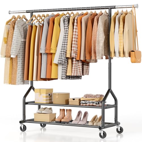 Black Heavy Duty Clothes Rack with 2 Shelves - 556 lbs Capacity, Adjustable Height & Wheels