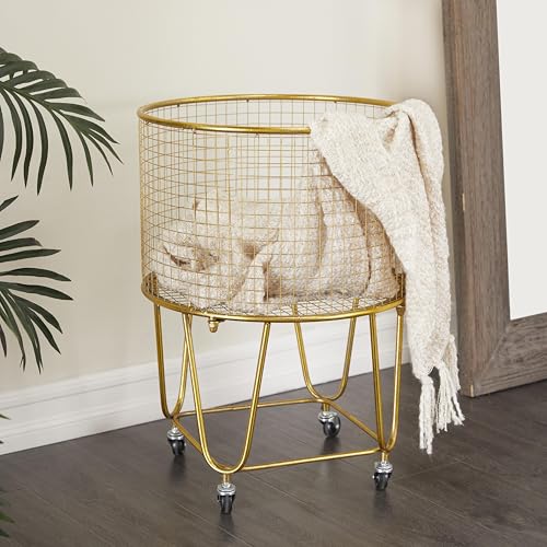Gold Metal Storage Cart with Wheels - 18 x 18 x 25 Inches, Satin Finish