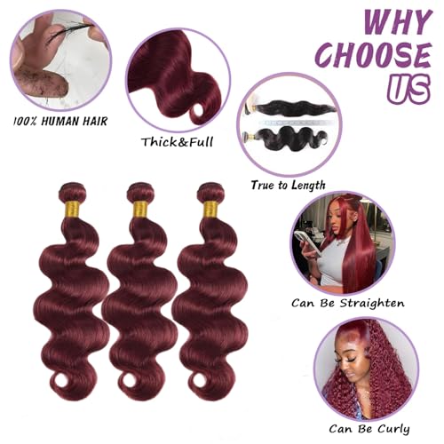 ZGWG 12A Body Wave Burgundy Human Hair Extensions 20 Inch, Natural Black & 99J Color, Full & Thick Weave