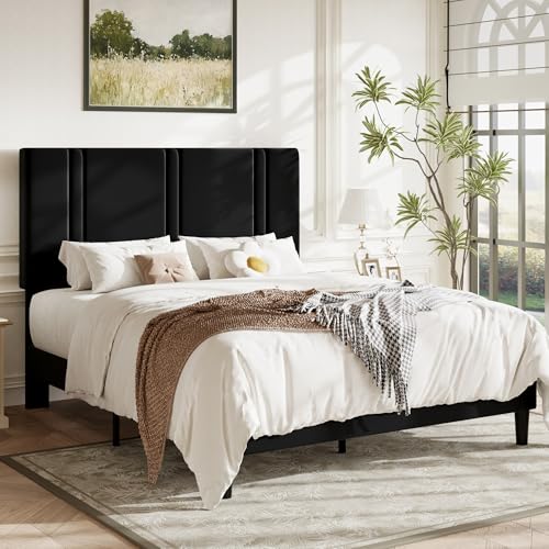 Black Queen Platform Bed Frame with Velvet Upholstered Headboard, Adjustable & Storage