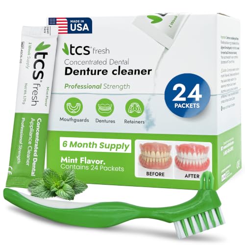 Dental Appliance Cleaner Powder Set with Bristle Brush - 24 Pack - Mint - 6 Month Supply