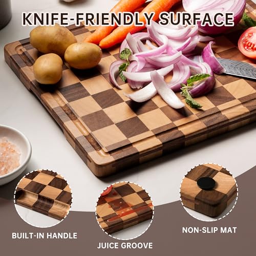 Fyctio 3-Piece Checkered Walnut & Rubber Wood Cutting Board Set with Stand, 17"L x 12"W