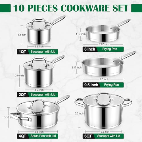 E-far 10-Piece Stainless Steel Cookware Set with Glass Lids, Induction Ready
