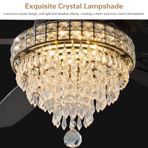 Crystal Ceiling Fan with Light - 50 Inch Black Fandelier with Remote Control - Low Profile Modern Fan