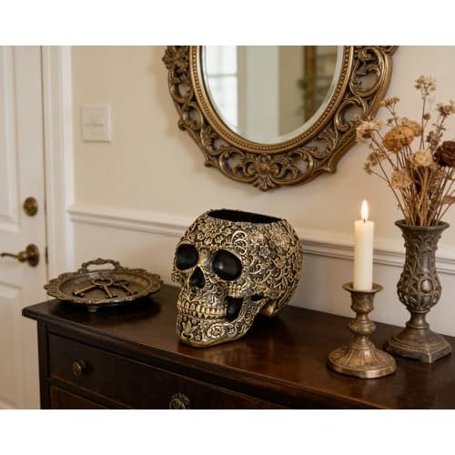 Skull Bowl Decorative Skull Vase Makeup Brush Pen Holder Organizer Dresser Gothic Table Organizer Decoration, Antique Gold Skull Pot Enthusiasts Gifts