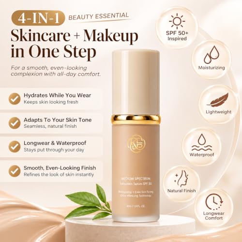 Hydrating 4-in-1 Foundation with SPF 50+ Natural Color - Longwear Waterproof Liquid Makeup 1 Fl Oz
