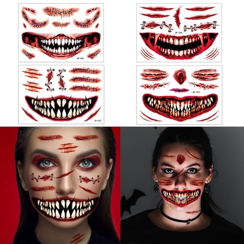 Halloween Makeup Temporary Halloween Tattoos Stickers Prank Chucky Witch Fake Face Decals Zombie Makeup Scar Skeletons Cosplay Tattoos DIY Eye Women Adult Mouth Clown Makeup Kit Party