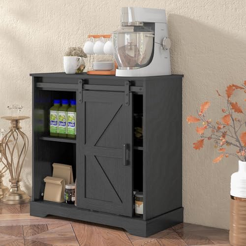 Sliding Barn Door Buffet Sideboard Storage Cabinet Black - Farmhouse Style