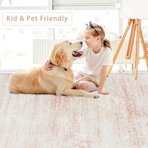 Pink Washable Area Rug 8x10 for Living Room & Bedroom - Non-Slip, Recycled Material, Pink-White Variation