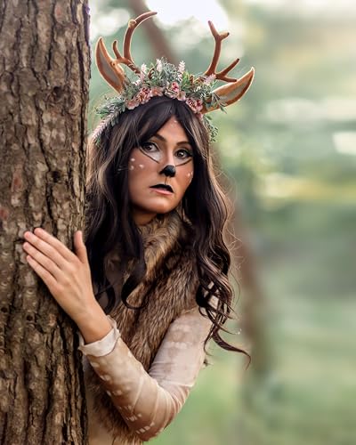 MOSTORY Handmade Antler Headband with Flowers & Ears - Brown-Pink Variation