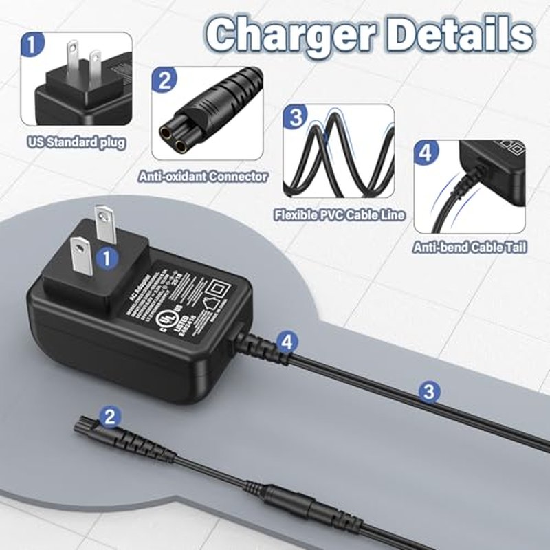5V 2A Trimmer Charger Replacement Compatible with Bell and Howell Vacutrim Beard Trimmer, Power Cord AC Adapter for Bell+Howell Vacutrim Professional Beard Trimmer Shaver Charging Plug Cable DC5V 5VDC