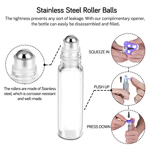 PrettyCare 10ml Glass Essential Oil Roller Bottles Set with Bamboo Lids - 24 Pack, Clear with Wooden Cap