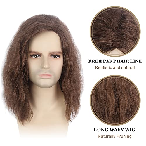 H&Bwig Brown Curly Men Wigs Long Wavy Fluffy Synthetic Hair for Costume & Party