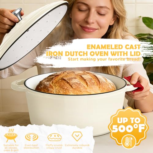 Cream White 5QT Enameled Cast Iron Dutch Oven Pot for Bread Baking with Lid