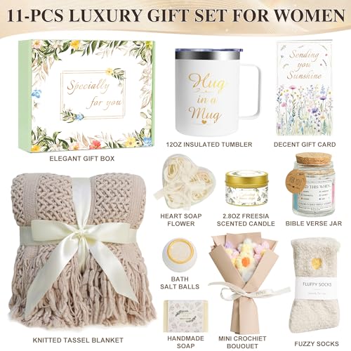 11 PCS Birthday Gifts for Women, Get Well Soon Gifts Baskets for Women Self Care Gifts, Spa Care Package After Surgery Thinking of You Sympathy Gift,Gift for Sick Friends Mom w/Blanket