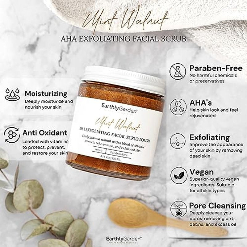 Earthly Garden Mint Walnut Exfoliating Face Scrub with AHA ? Natural Microdermabrasion & Deep Pore Cleanser for Blackheads, Acne Scars & Glowing Skin ? 2 oz