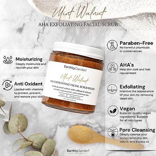Earthly Garden Mint Walnut AHA Exfoliating Face Scrub 4 oz – Deep Pore Cleanser for Brightening