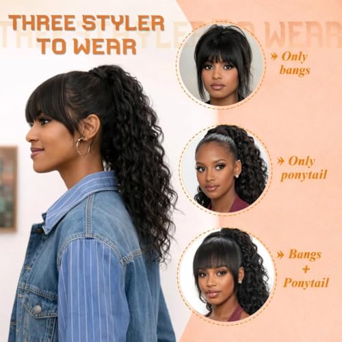 20 Inch Black Curly Ponytail Extension with Bangs - Drawstring Wavy Hairpiece for Women