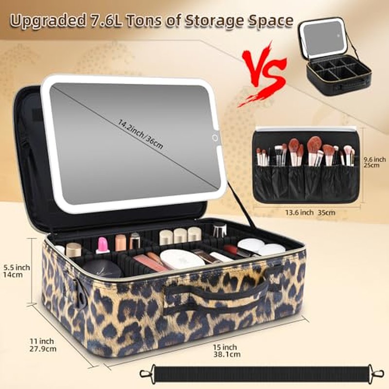 15''X11'' Large Makeup Bag with Removable Lighted Mirror, Professional Travel Make up Bag with Mirror and Light Cosmetic Train Case Organizer, PU Leather with Adjustable Dividers & Brush Storage Board
