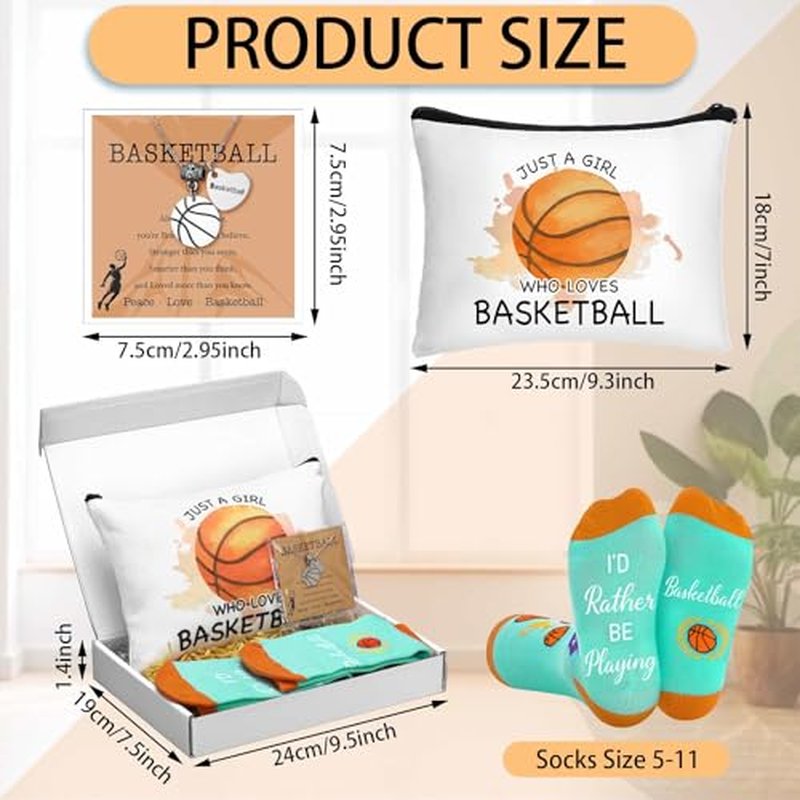 5 Pcs Basketball Gifts for Women Girl Basketball Party Favors Team Players Gift Makeup Bag Necklace Earrings Socks for Sport Birthday Athlete Reward Gifts Stuff