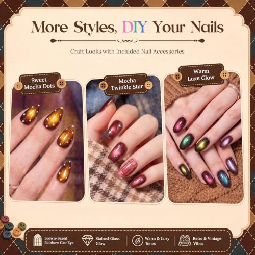 Beetles Mocha Sweater Cat Eye Gel Nail Polish Set, 6 Colors, 9ml - Brown Nude Gold Variation