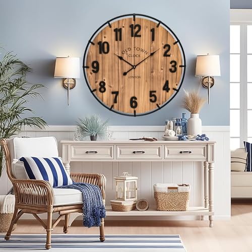 Large Rustic Farmhouse Wall Clock - 30 Inch Antique Wood & Metal Brown Variation