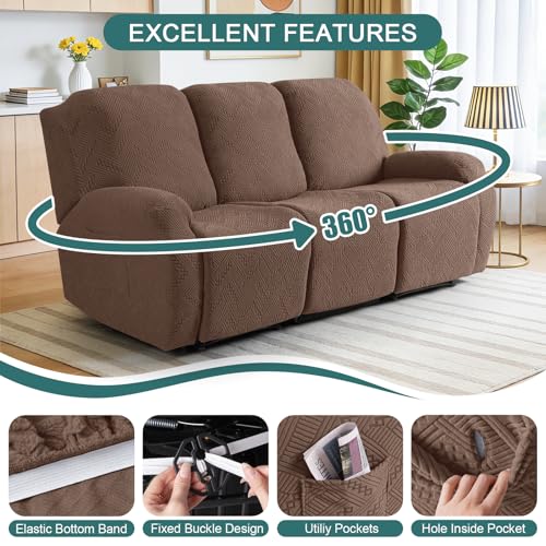 Recliner Couch Cover 3 Seater Brown - Soft Stretch Sofa Slipcover with Pockets