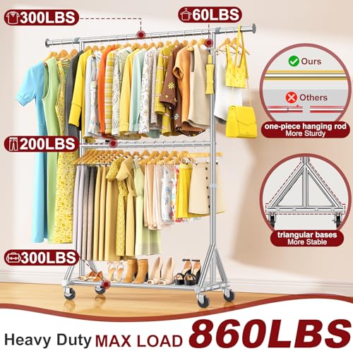 FYBEE Chrome Double-Rod Heavy Duty Clothing Rack | Adjustable Tall Garment Organizer, Load 860LBS