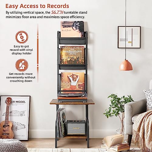 Record Player Stand with Vinyl Storage - Black & Brown, Holds Up to 200 Albums